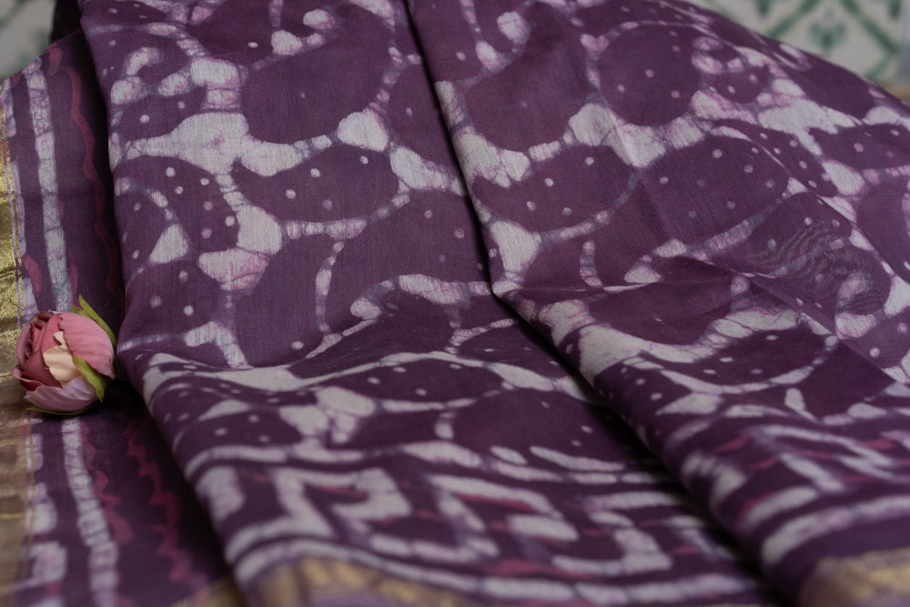 OMVAI Paisley Buta Hand Block Printed Chanderi Silk Dupatta - Purple Passion