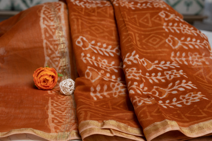 OMVAI Patti Bel Hand Block Printed Chanderi Silk Dupatta - Tangerine  Orange