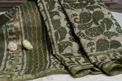 OMVAI Paisley Buta Hand Block Printed Chanderi Silk Dupatta - Olive Green