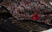 OMVAI Bel Sundari Hand Block Printed Premium Modal Stole with Zari Border - Black