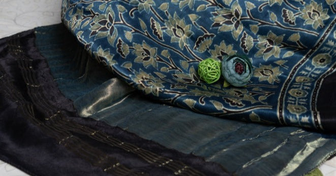 OMVAI Bel Sundari Hand Block Printed Premium Modal Stole with Zari Border - Blue