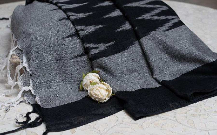 OMVAI The IKAT Dupatta with Tassels  - Midnight Black