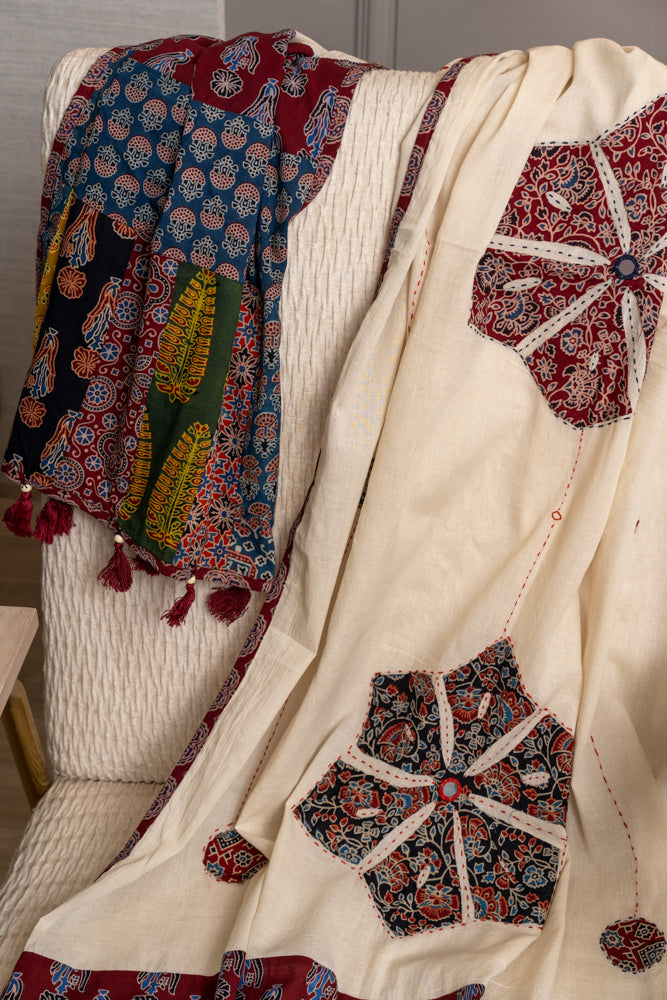 OMVAI Pushp Bahaar Hastkala Dupatta with applique and Hand-work - Maroon Multi