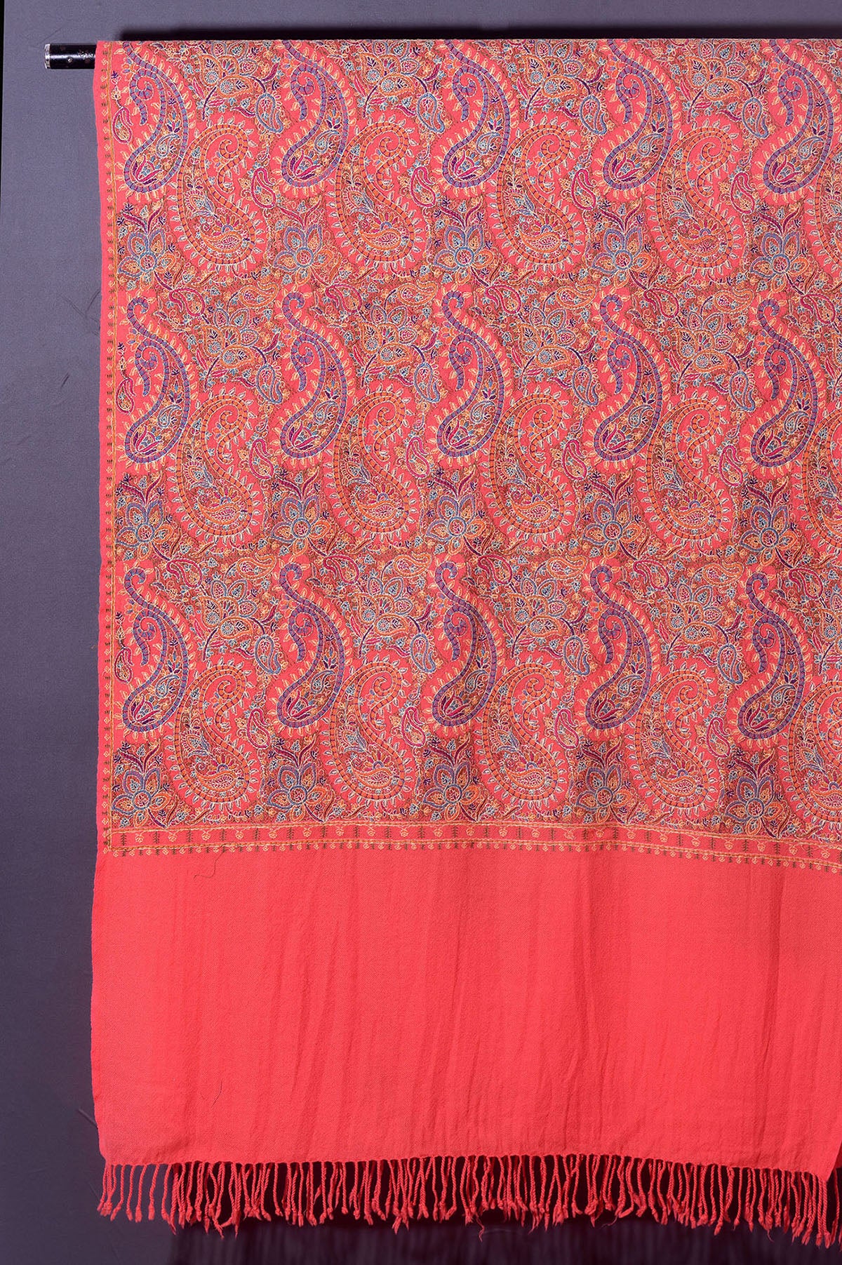 THE PAISLEY BUTA JAAL Exquisite Machine Embroidered Stole - Blush Coral with Multicolor Paisley