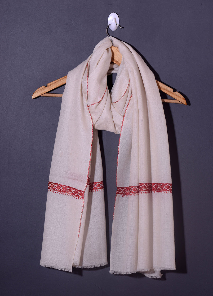 PALLA BORDER Gracious Hand Embroidered Stole - Pearl white Red
