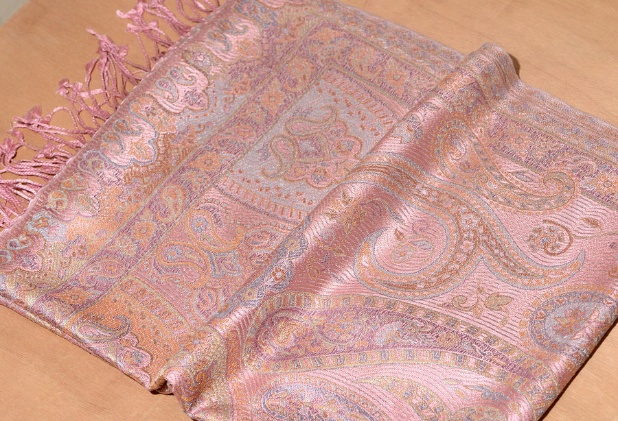 OMVAI Ornamental Paisley Premium Woven Silk Stole - Baby Pink