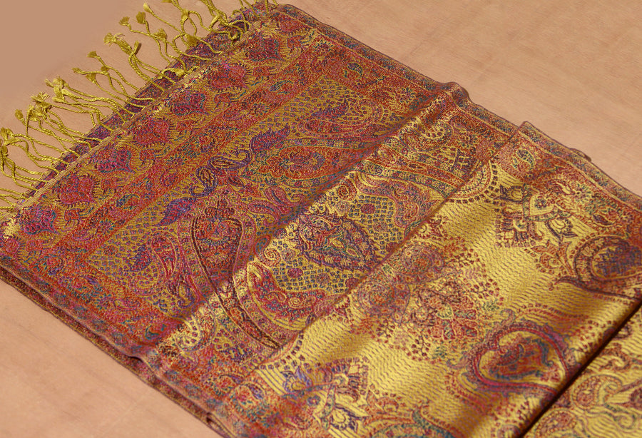 OMVAI Ornamental Paisley Premium Woven Silk Stole - Ochre Yellow