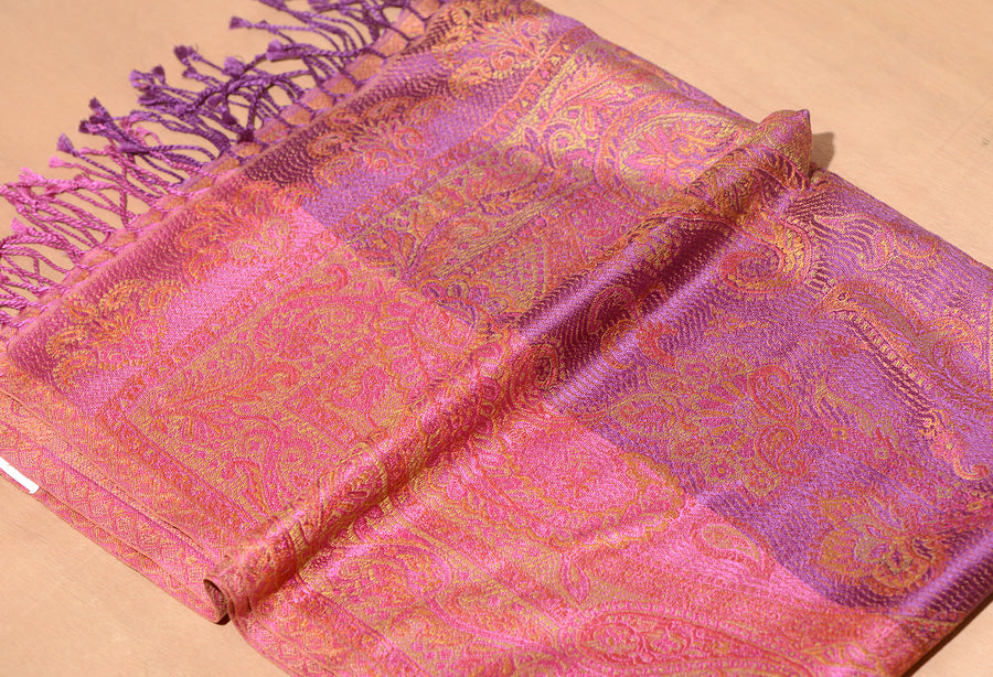 OMVAI Ornamental Paisley Premium Woven Silk Stole - Orchid Purple