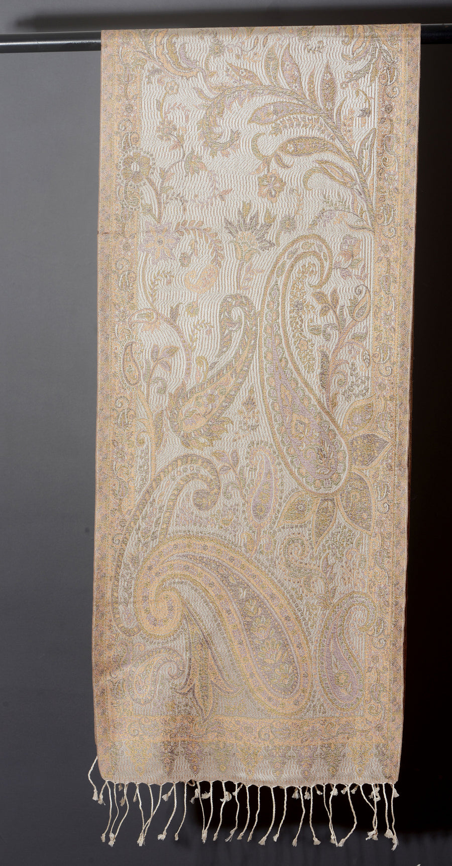 OMVAI Ornamental Paisley Premium Woven Silk Stole - Pearl White