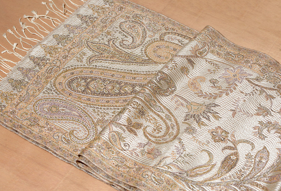 OMVAI Ornamental Paisley Premium Woven Silk Stole - Pearl White