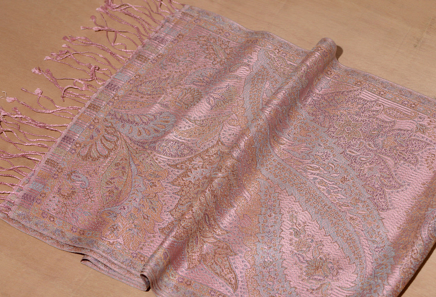 OMVAI Ornamental Paisley Premium Woven Silk Stole - Powder Pink