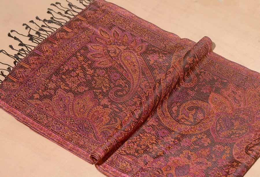 OMVAI Ornamental Paisley Premium Woven Silk Stole - Royal Burgundy