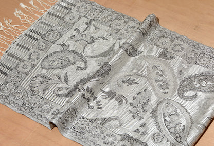 OMVAI Ornamental Paisley Premium Woven Silk Stole - White Silver