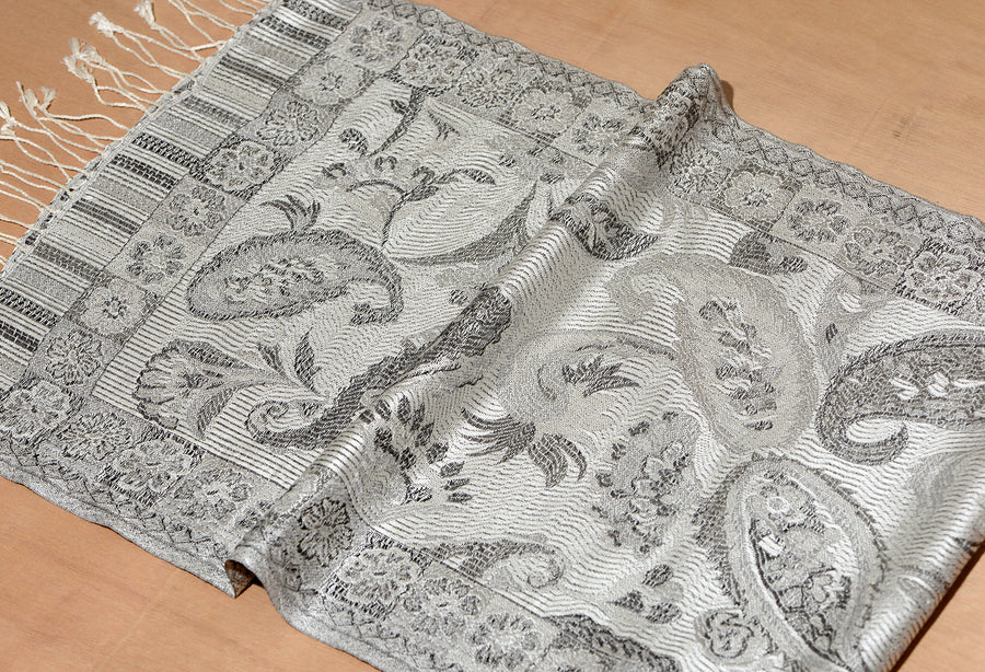 OMVAI Ornamental Paisley Premium Woven Silk Stole - White Silver