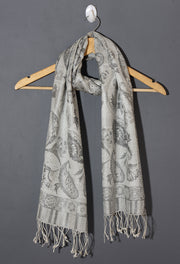 OMVAI Ornamental Paisley Premium Woven Silk Stole - White Silver
