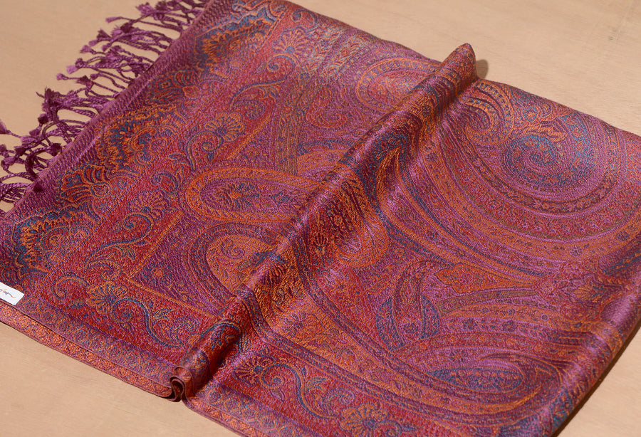 OMVAI Ornamental Paisley Premium Woven Silk Stole - Flamingo Pink