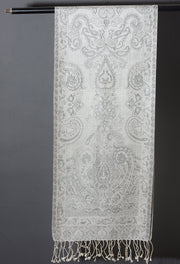 OMVAI Victorian Paisley Premium Woven Silk Stole - White Silver