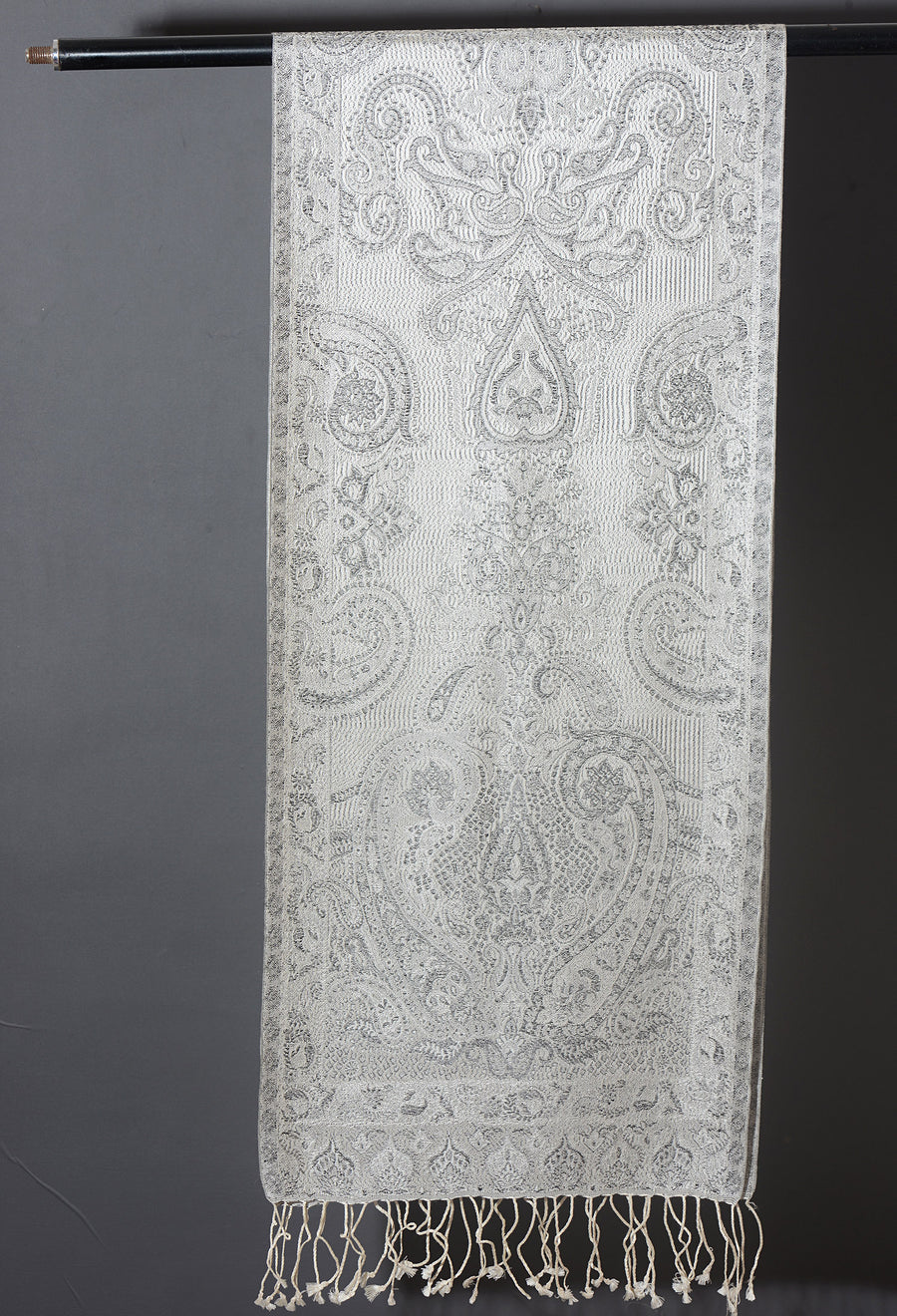 OMVAI Victorian Paisley Premium Woven Silk Stole - White Silver
