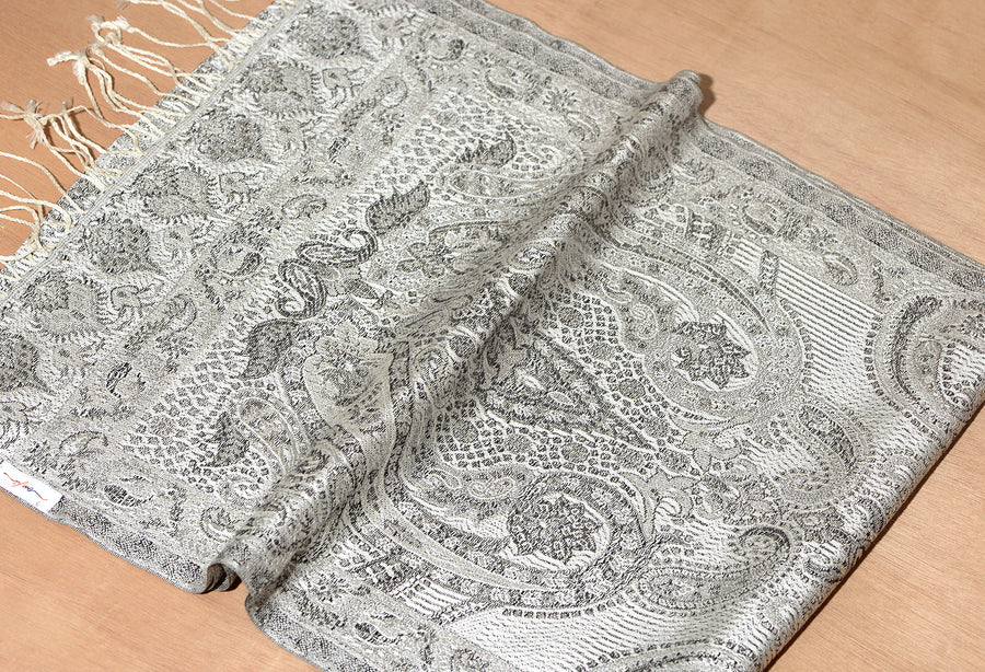 OMVAI Victorian Paisley Premium Woven Silk Stole - White Silver