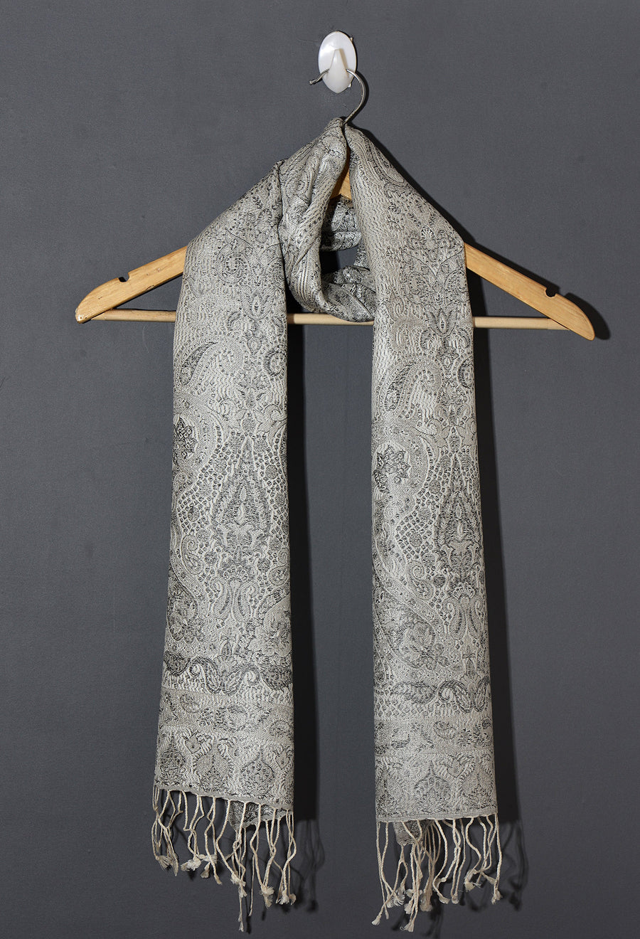 OMVAI Victorian Paisley Premium Woven Silk Stole - White Silver