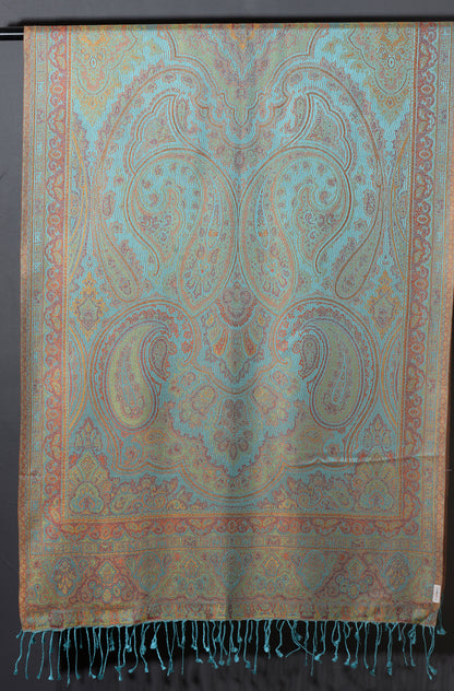 OMVAI Ornamental Paisley Premium Woven Silk Stole - Aqua Blue