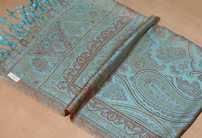 OMVAI Ornamental Paisley Premium Woven Silk Stole - Aqua Blue