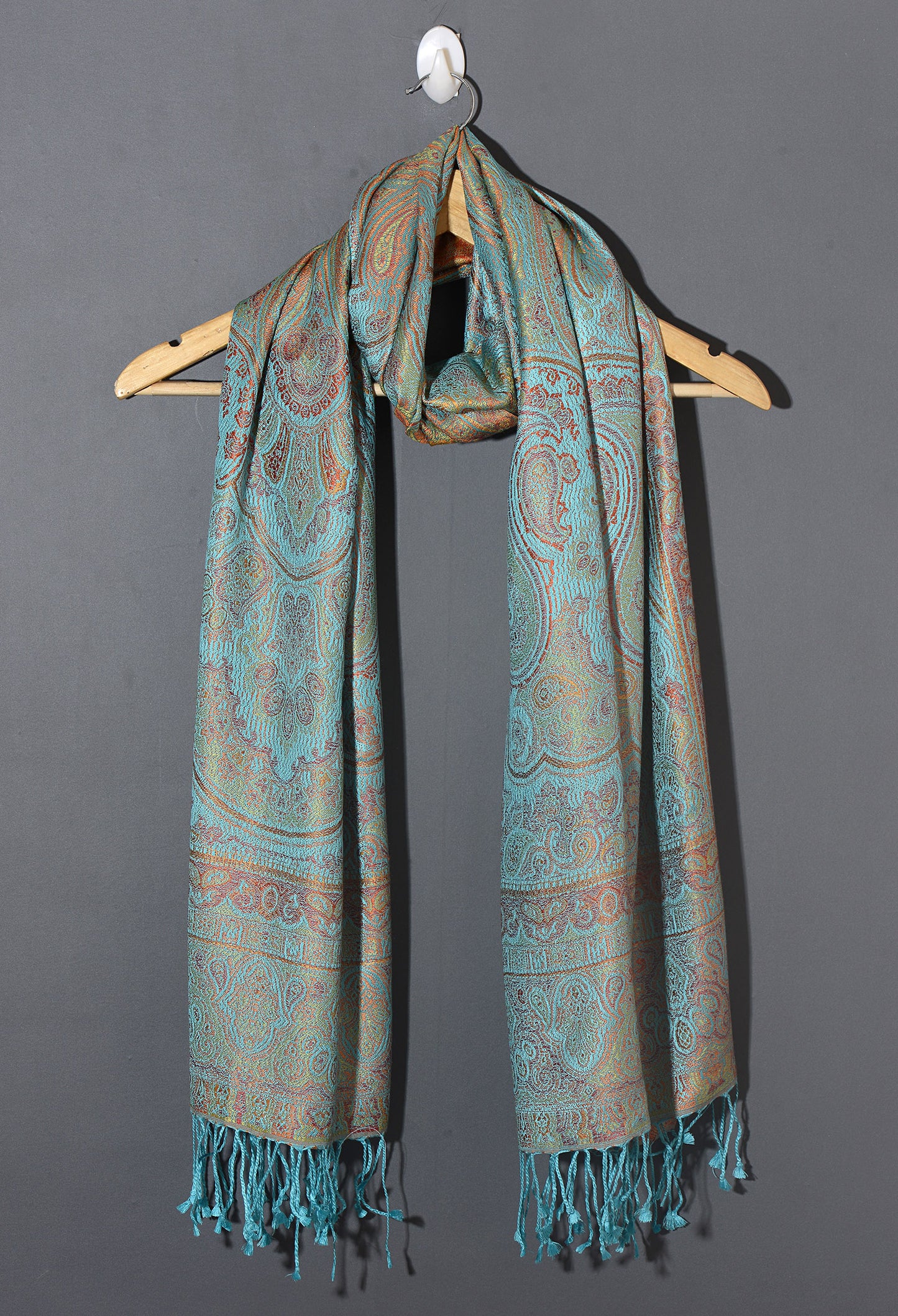 OMVAI Ornamental Paisley Premium Woven Silk Stole - Aqua Blue