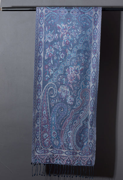 OMVAI Victorian Paisley Premium Woven Silk Stole - Blue Regalia