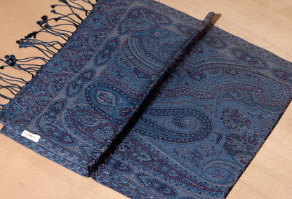 OMVAI Victorian Paisley Premium Woven Silk Stole - Blue Regalia