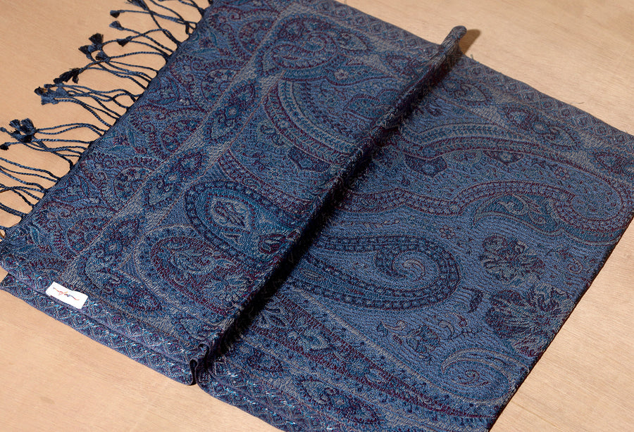 OMVAI Victorian Paisley Premium Woven Silk Stole - Blue Regalia