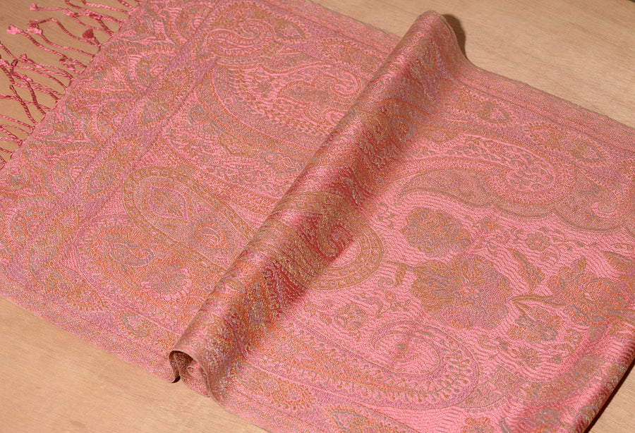 OMVAI Victorian Paisley Premium Woven Silk Stole - Peachy Pink