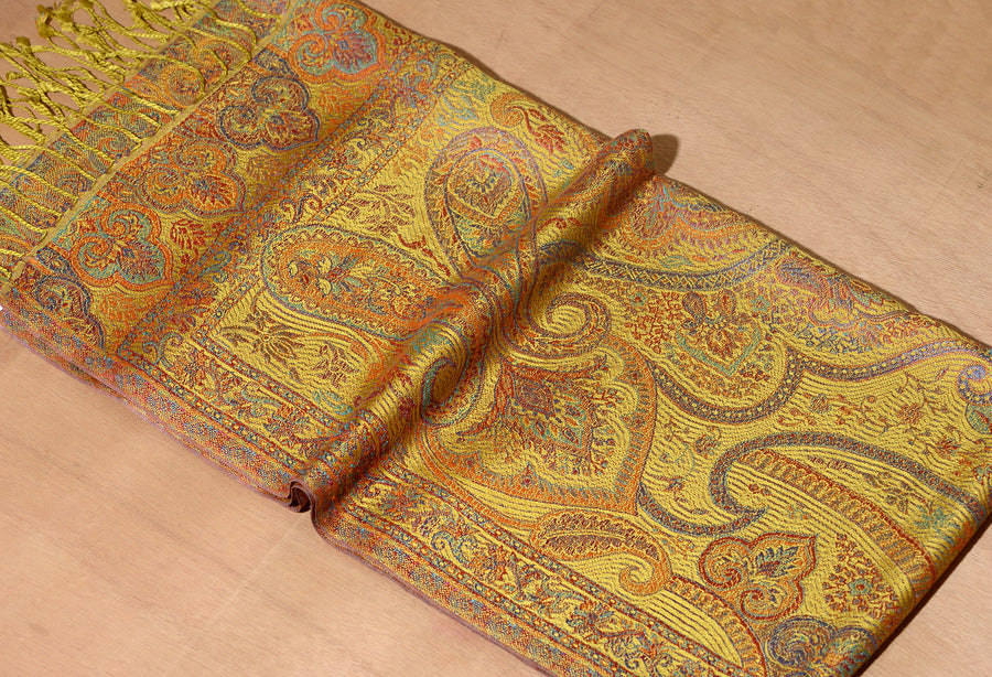OMVAI Ornamental Paisley Premium Woven Silk Stole -  Pastel Yellow