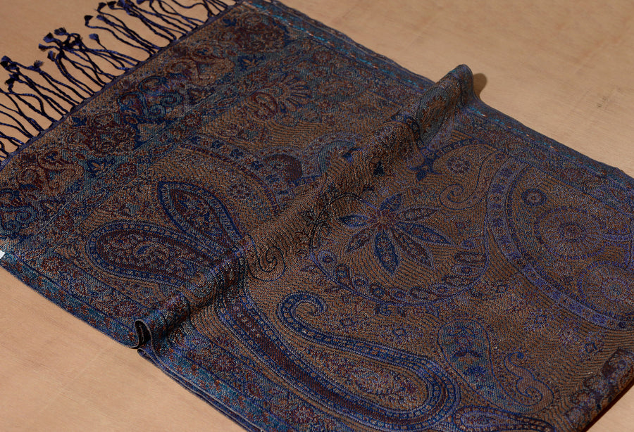 OMVAI Victorian Paisley Premium Woven Silk Stole -  Copper Blue