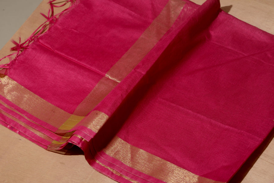 OMVAI Golden Border Chanderi Silk Dupatta - Hot Pink