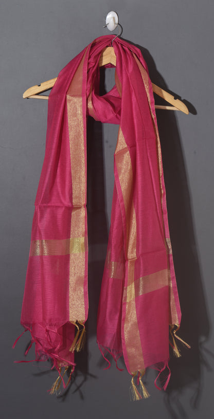 OMVAI Golden Border Chanderi Silk Dupatta - Hot Pink