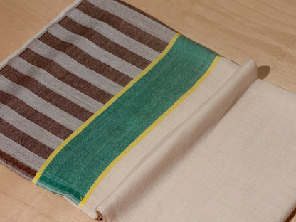 Striped Border Pashmina  - Natural with green and brown stripes