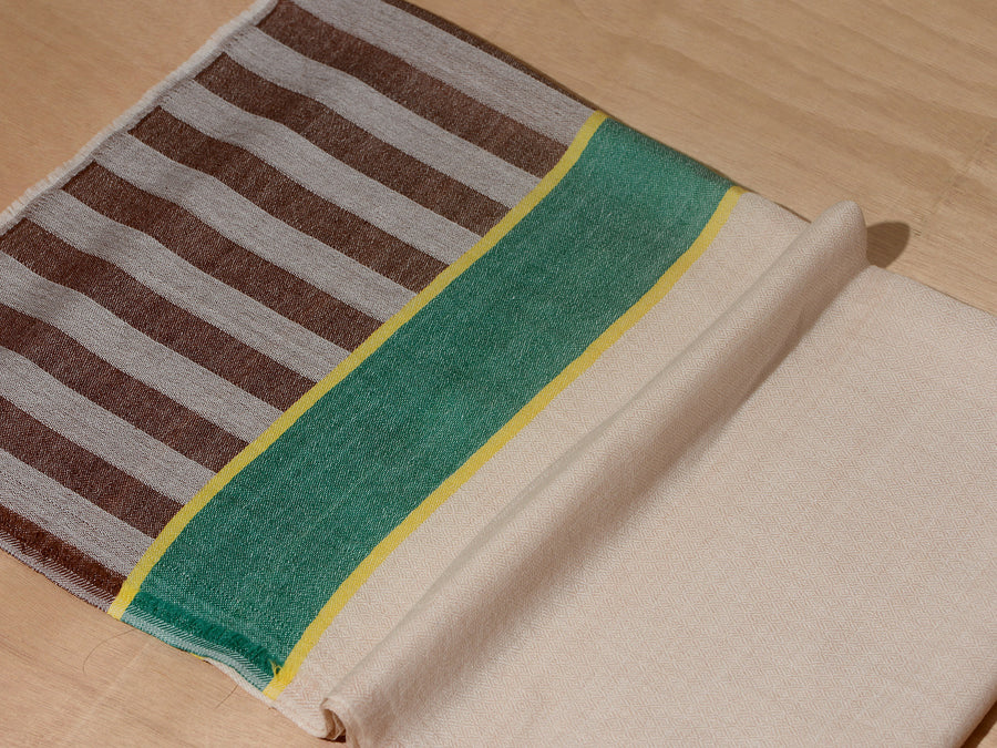 Striped Border Pashmina  - Natural with green and brown stripes