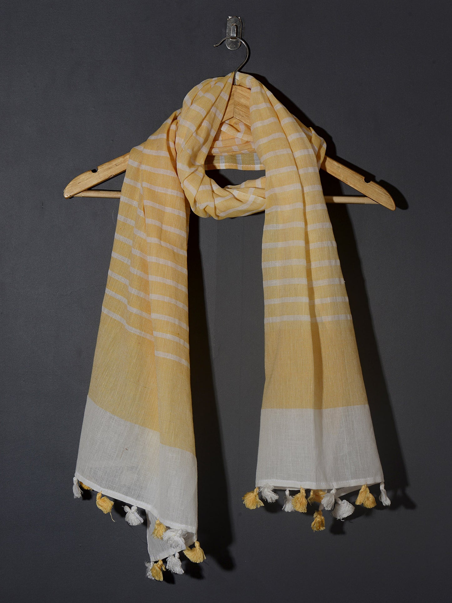 OMVAI Handcrafted Striped Linen Stole with Tassels - Golden Yellow