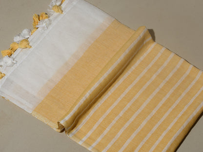 OMVAI Handcrafted Striped Linen Stole with Tassels - Golden Yellow