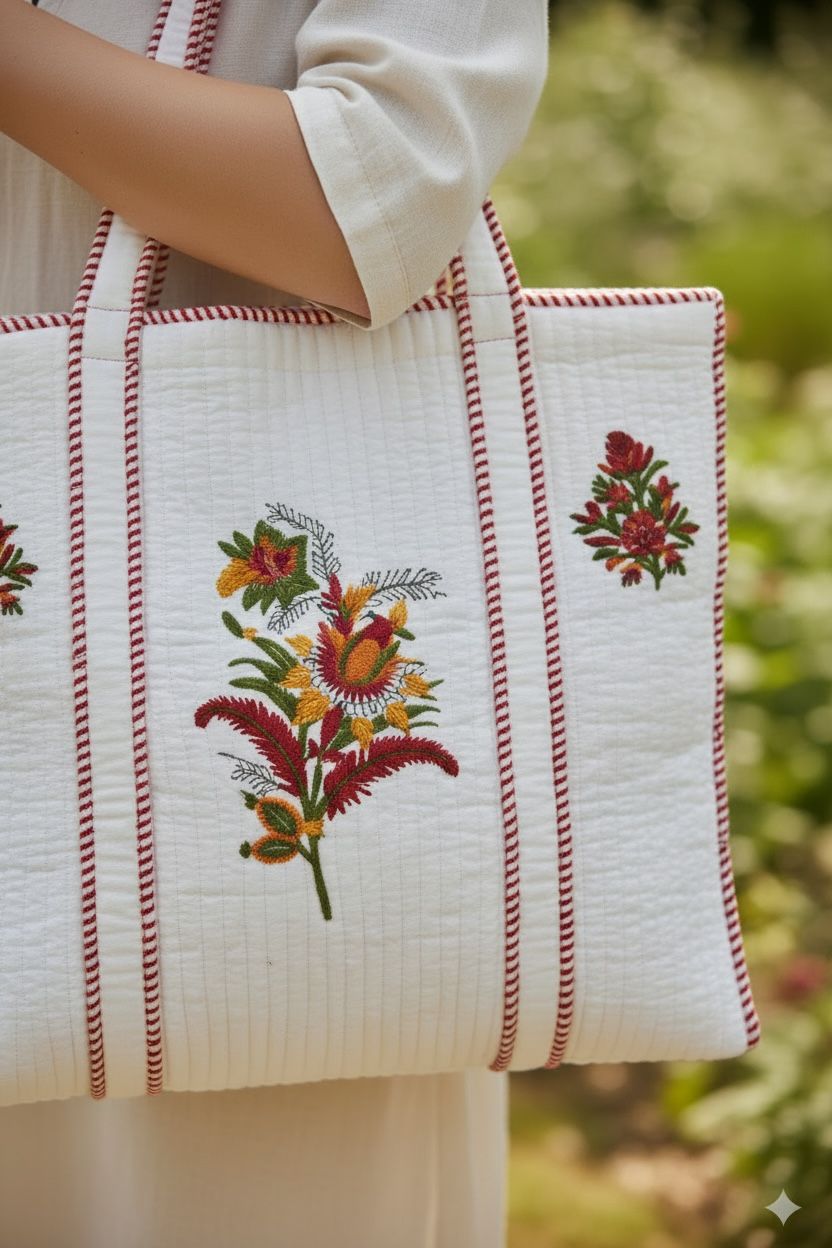 White Floral-Red Handblock Printed Cotton Tote Bag | Handcrafted & Lightweight