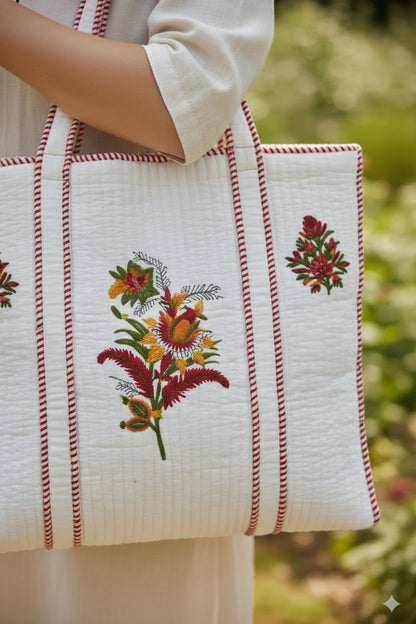 White Floral-Red Handblock Printed Cotton Tote Bag | Handcrafted & Lightweight