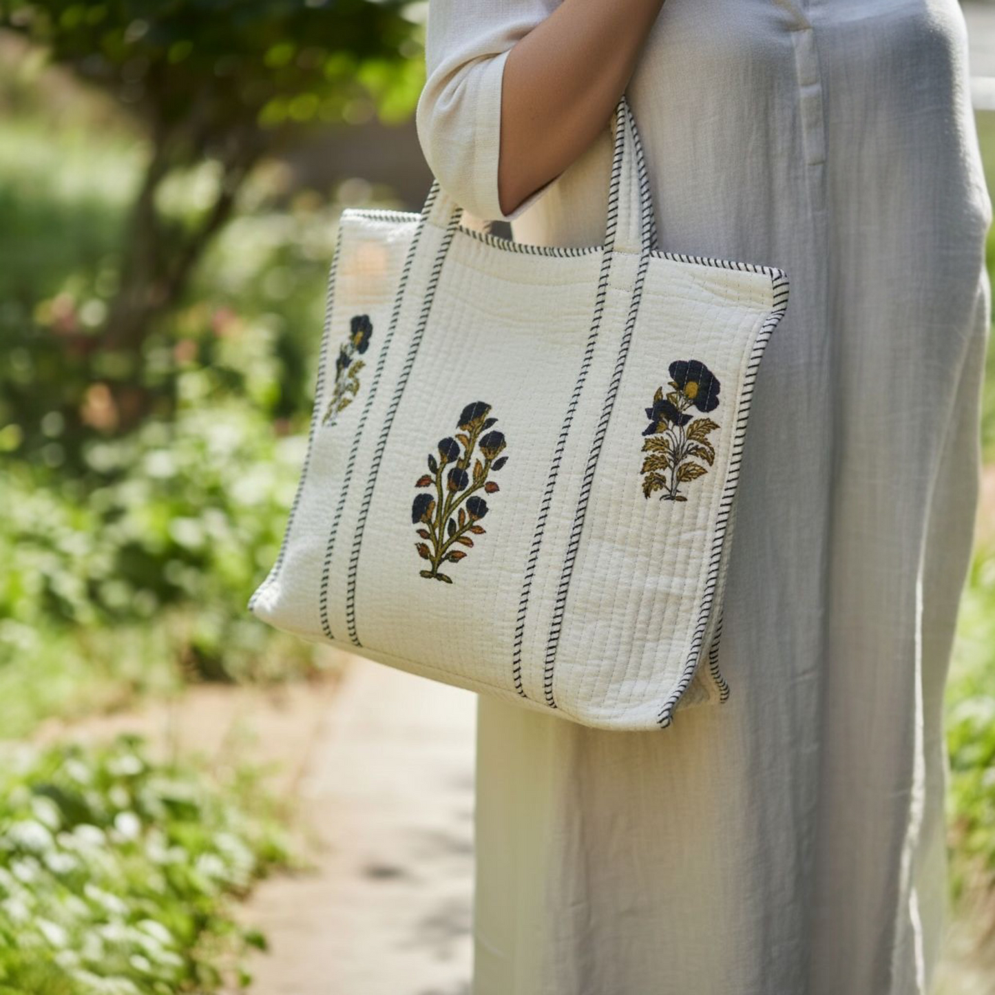 White Handblock Botanical Cotton Tote Bag | Handcrafted & Lightweight