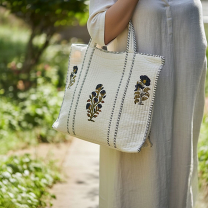 White Handblock Botanical Cotton Tote Bag | Handcrafted & Lightweight