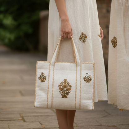 White Handblock Buti Cotton Tote Bag | Handcrafted & Lightweight