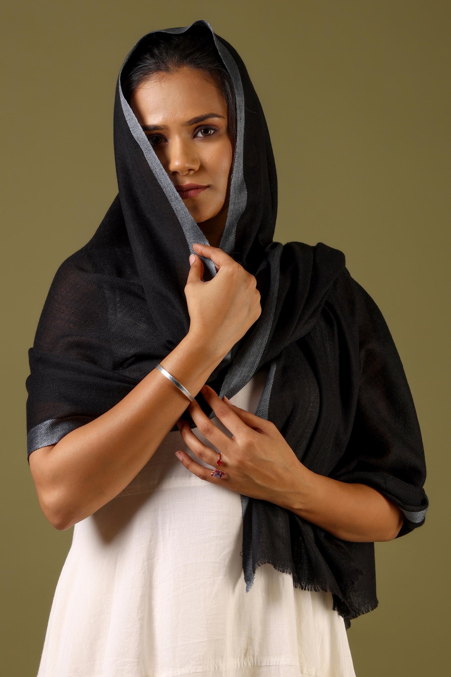 Striped Border Pashmina  - Black with white border