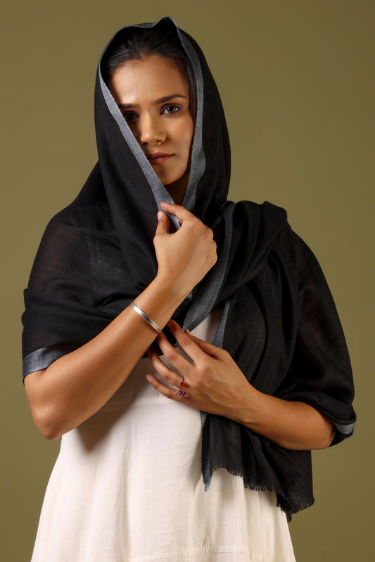 Striped Border Pashmina  - Black with white border