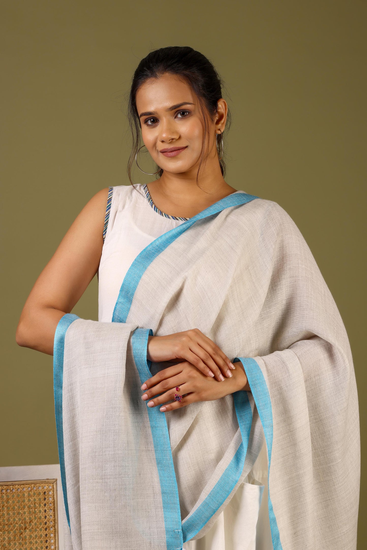 Powder Blue Striped Border Pashmina Stole
