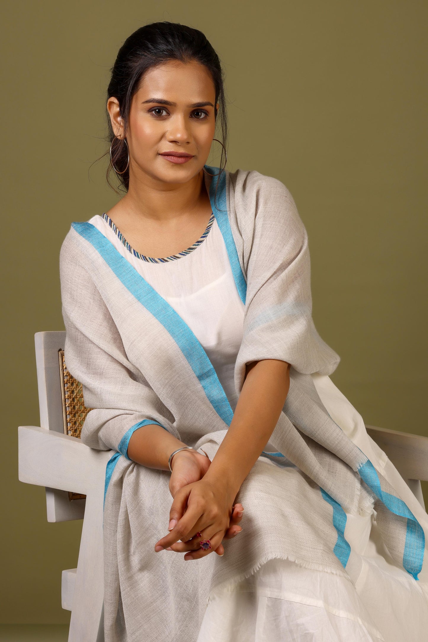 Powder Blue Striped Border Pashmina Stole