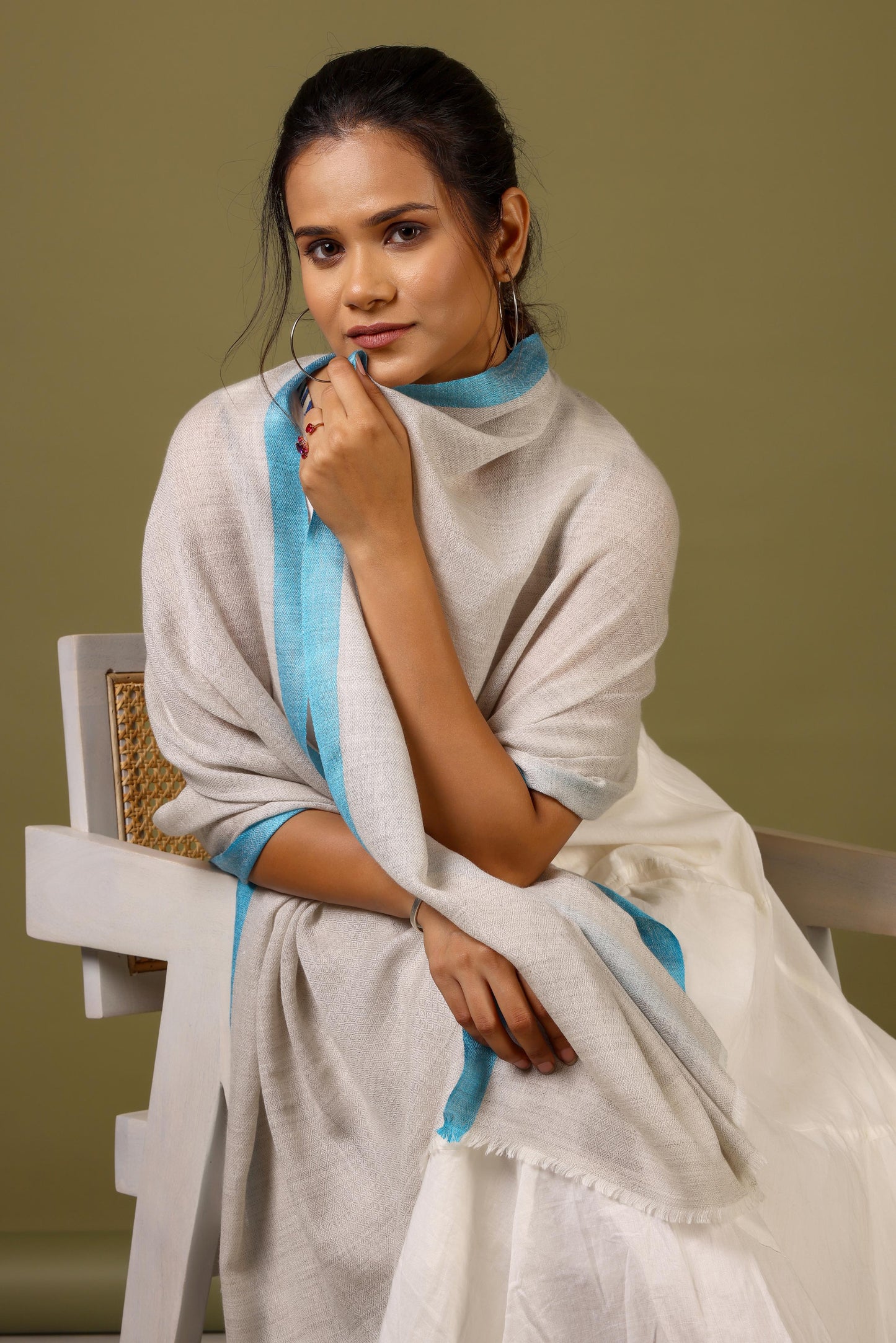 Powder Blue Striped Border Pashmina Stole