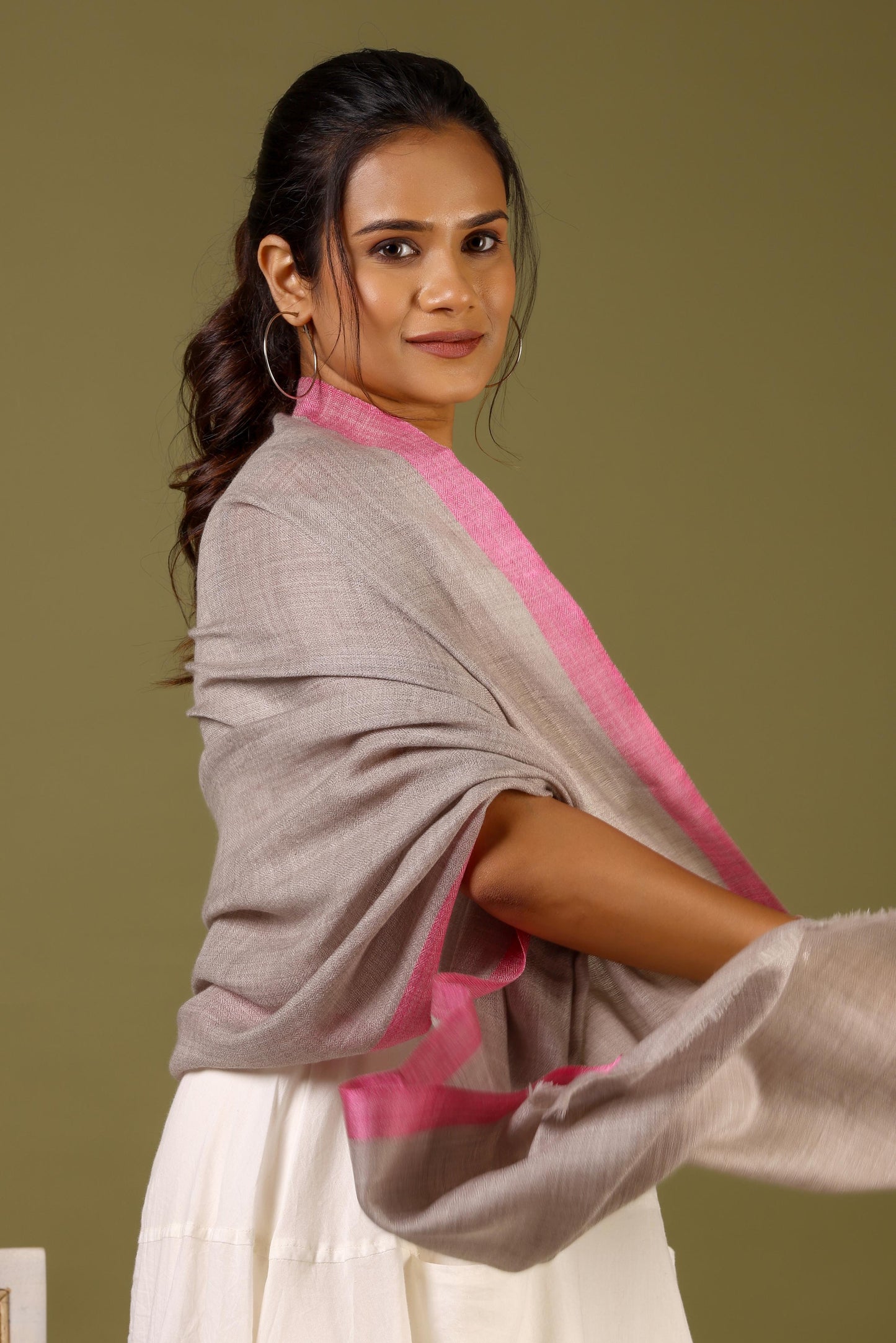 Striped Border Pashmina  -  Natural with purple border